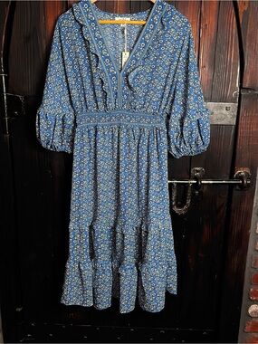 Max Studio Blue Floral Smocked Midi Dress